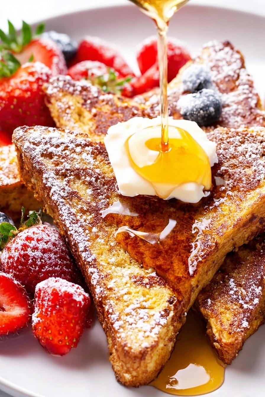 Keto-French-Toast A beautiful stack of golden-brown keto French toast topped with fresh berries