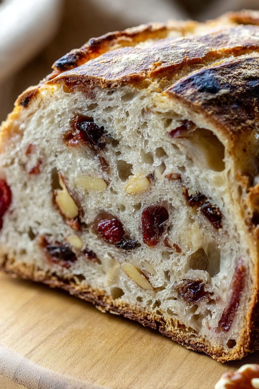 easy_healthy_cranberry_walnut_bread A beautiful sliced loaf of the ultimate cranberry walnut bread, ready to eat.