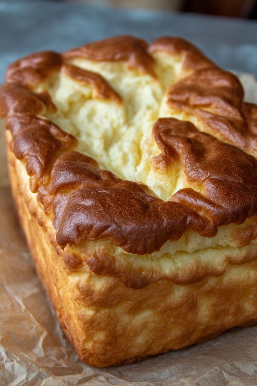 Keto_Cottage_Cheese_Cloud_Bread A close-up of a golden-brown loaf of Keto Cottage Cheese Cloud Bread, showing its fluffy, cloud-like top texture. The loaf is sitting on crumpled parchment paper with a blurred background.