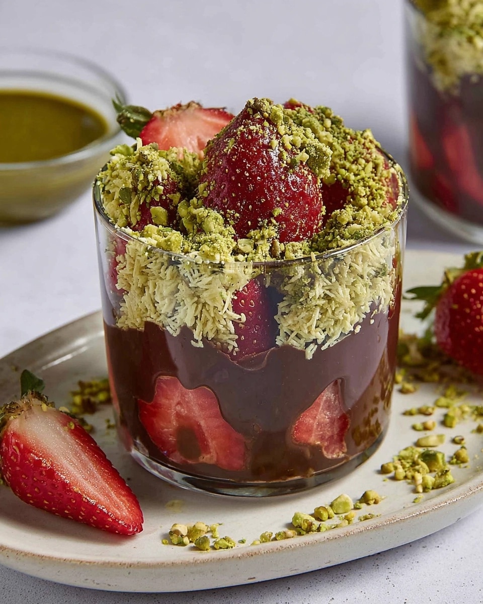 Dubai-Chocolate-Strawberries A close-up of a Dubai chocolate strawberry dessert served in a clear glass. Layers of fresh strawberries and rich, dark chocolate are topped with a layer of crispy kataifi and a generous amount of ground pistachios, with a whole strawberry on top.