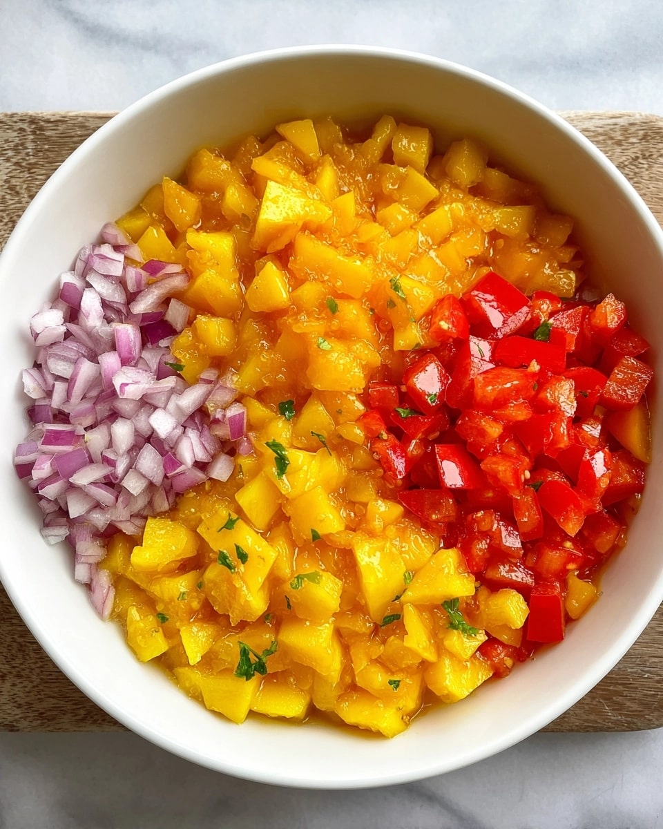 The Absolute Best Mango Habanero Salsa Recipe Freshly diced ingredients for Mango Habanero Salsa—including vibrant mango, red bell pepper, red onion, and cilantro—artfully arranged in a white bowl before mixing