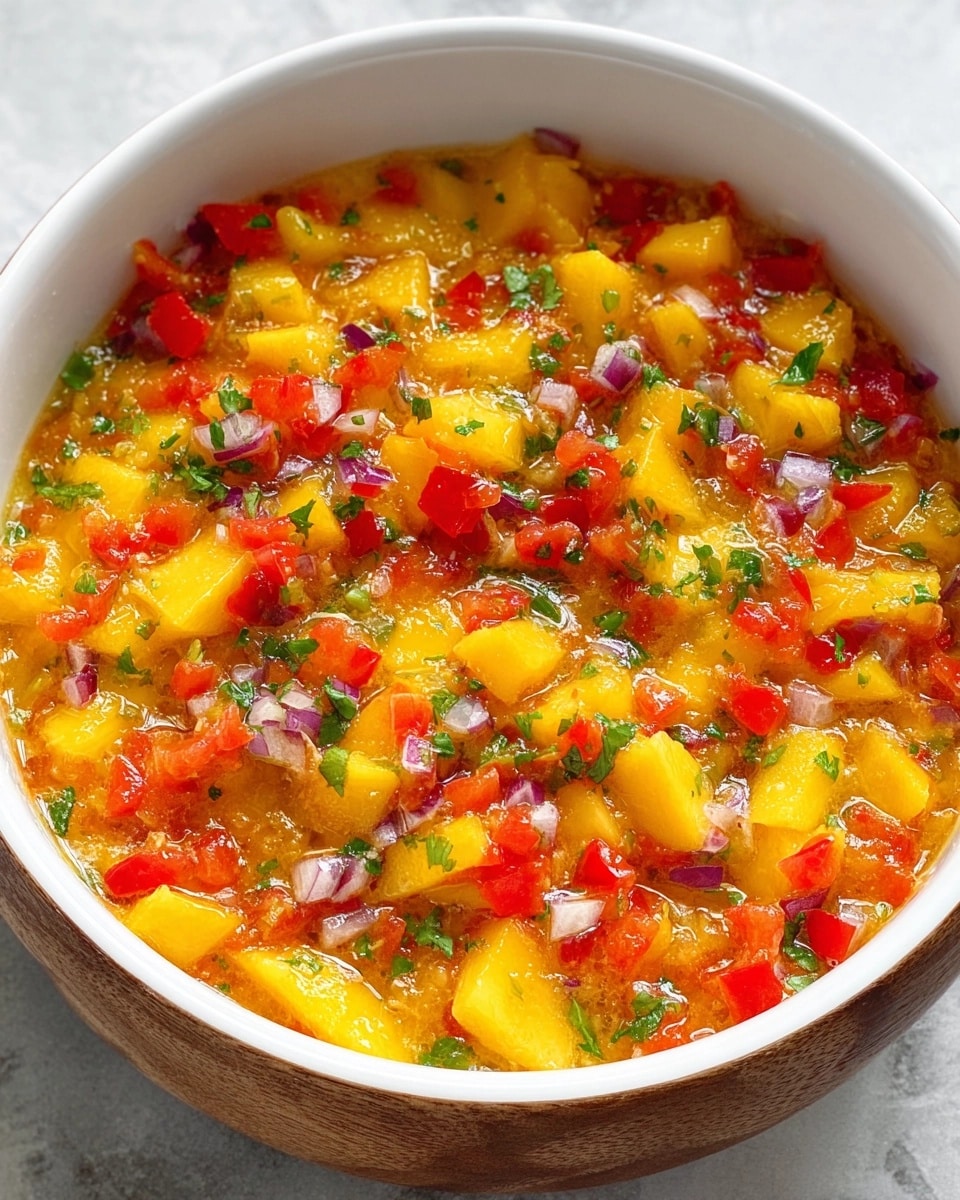 The Absolute Best Mango Habanero Salsa Recipe (Sweet, Spicy & Simple!) Vibrant Mango Habanero Salsa in a wooden bowl, showcasing fresh diced mango, red bell pepper, red onion, and cilantro – a delicious homemade salsa recipe
