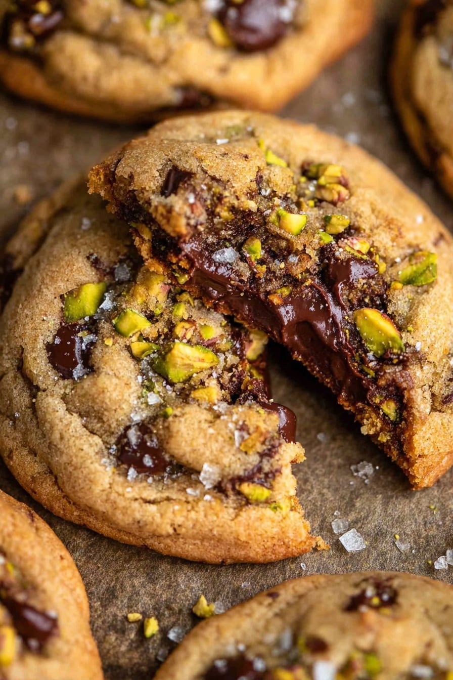 Pistachio Chocolate Chip Cookie A close-up of a pistachio chocolate chip cookie broken to show the melted chocolate interior.