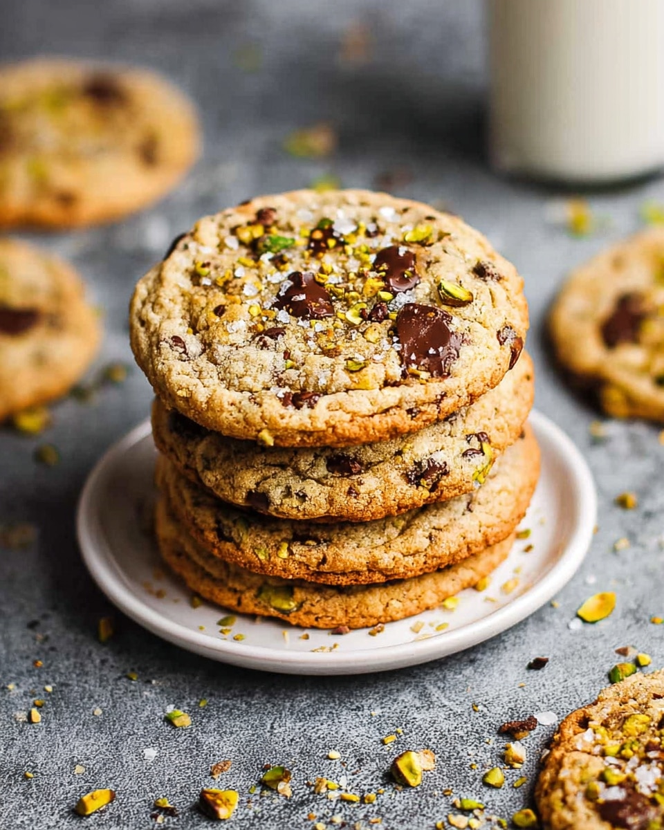 Pistachio Chocolate Chip Cookies A delicious stack of four homemade pistachio chocolate chip cookies on a white plate, topped with chopped pistachios and flaky sea salt.