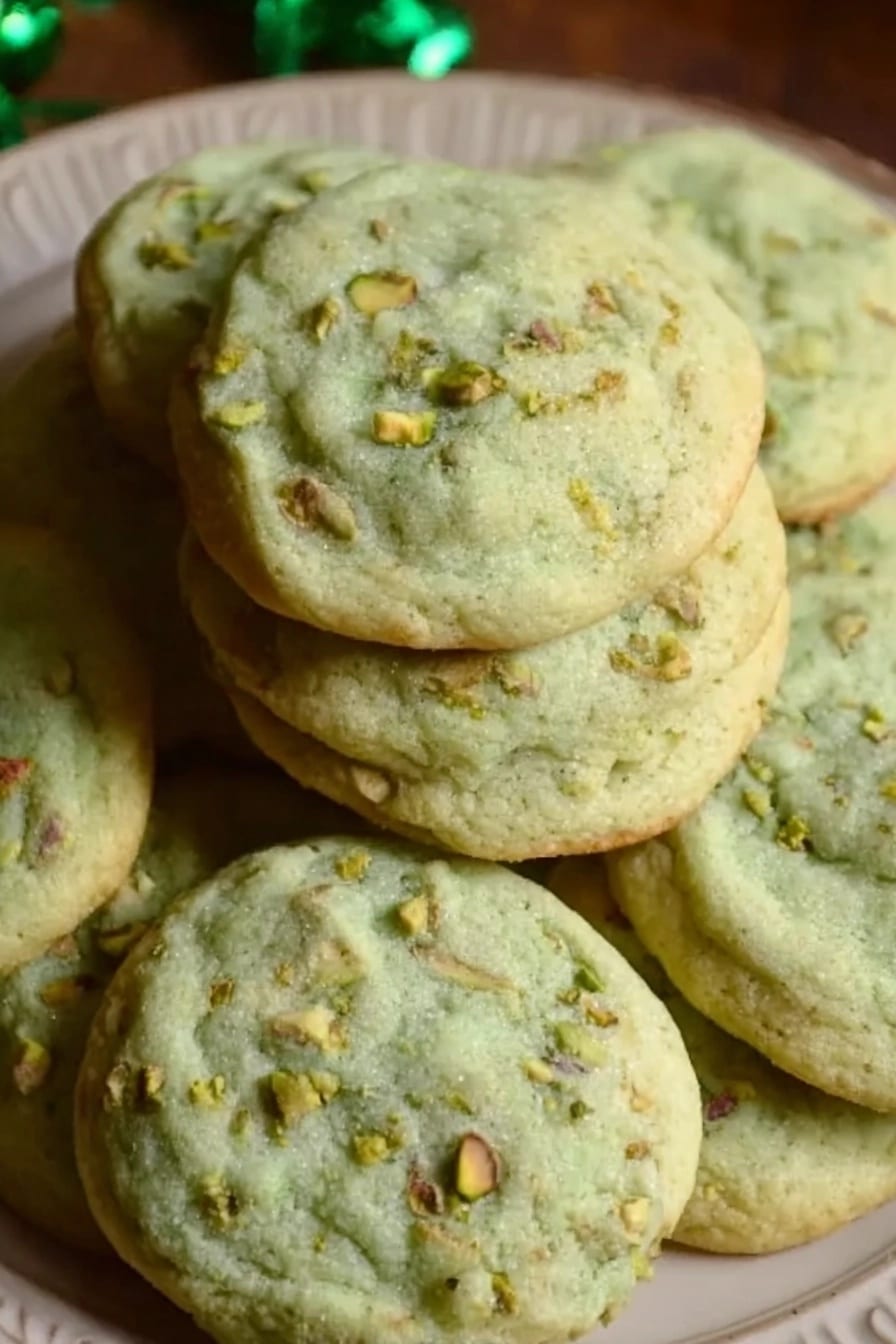 Pistachio-Pudding-Cookies-1 A close-up of a plate piled high with soft, pale green pistachio pudding cookies, with visible chunks of chopped pistachios on top.