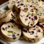 A pile of thick-cut cranberry pistachio shortbread cookies stacked on a decorative vintage plate, highlighting the green pistachios and red cranberries within the buttery cookie.