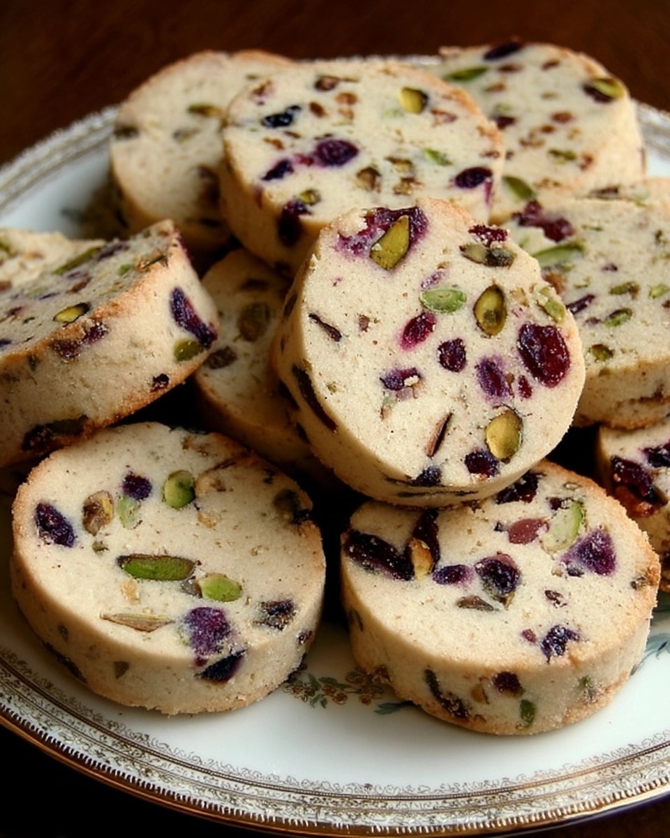 cranberry-pistachio-shortbread-cookies A pile of thick-cut cranberry pistachio shortbread cookies stacked on a decorative vintage plate, highlighting the green pistachios and red cranberries within the buttery cookie.