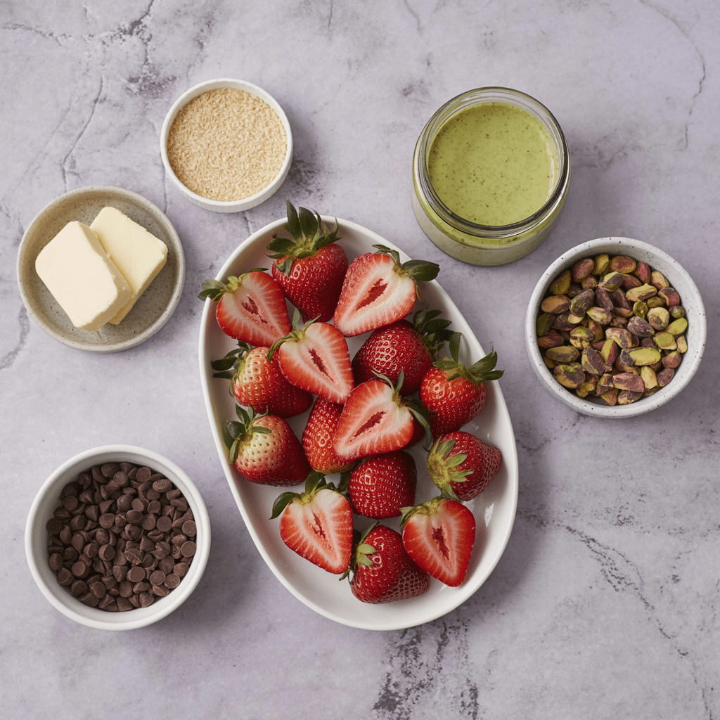 dubai chocolate strawberries-ingredients A flat lay of ingredients for Dubai chocolate strawberries on a grey marble background. A central dish of fresh strawberries is surrounded by bowls containing chocolate chips, butter, pistachios, pistachio cream, and shredded kataifi dough