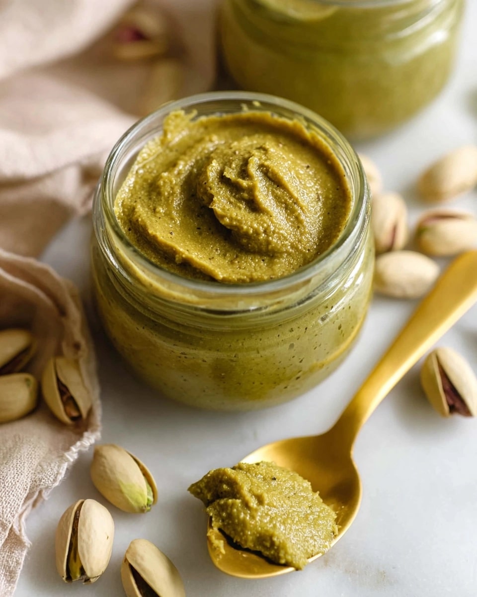homemade-pisctachio-butter A close-up of a small glass jar filled with creamy homemade pistachio butter, with a golden spoon holding a sample in the foreground. Scattered pistachios surround the jar on a white surface.