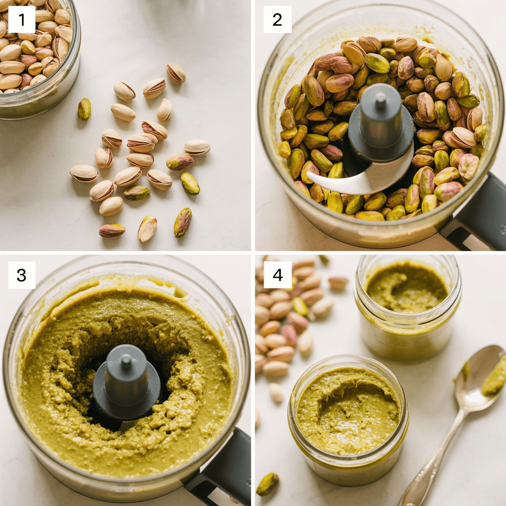 homemade-pistachio-butter A four-panel collage showing the steps to make pistachio butter: 1. Shelled pistachios on a white surface. 2. Pistachios in a food processor. 3. The mixture blended into a thick paste. 4. The final smooth pistachio butter in glass jars.