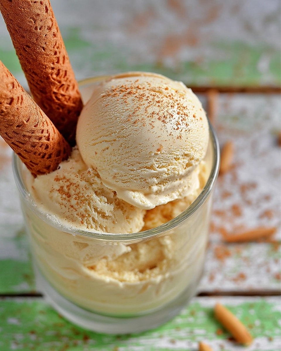 horchata_ice_cream Creamy homemade Horchata Ice Cream served in a clear glass, garnished with a sprinkle of cinnamon and two rolled wafer cookies, on a rustic wooden surface