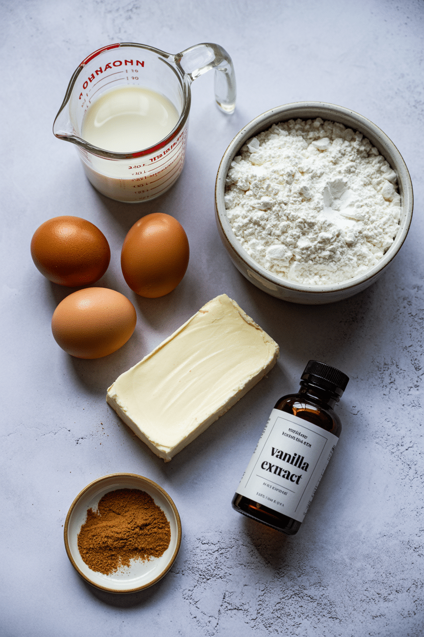 ingredients-keto-french-toast Ingredients for keto French toast, including cream cheese, eggs, and coconut flour, arranged on a counter.