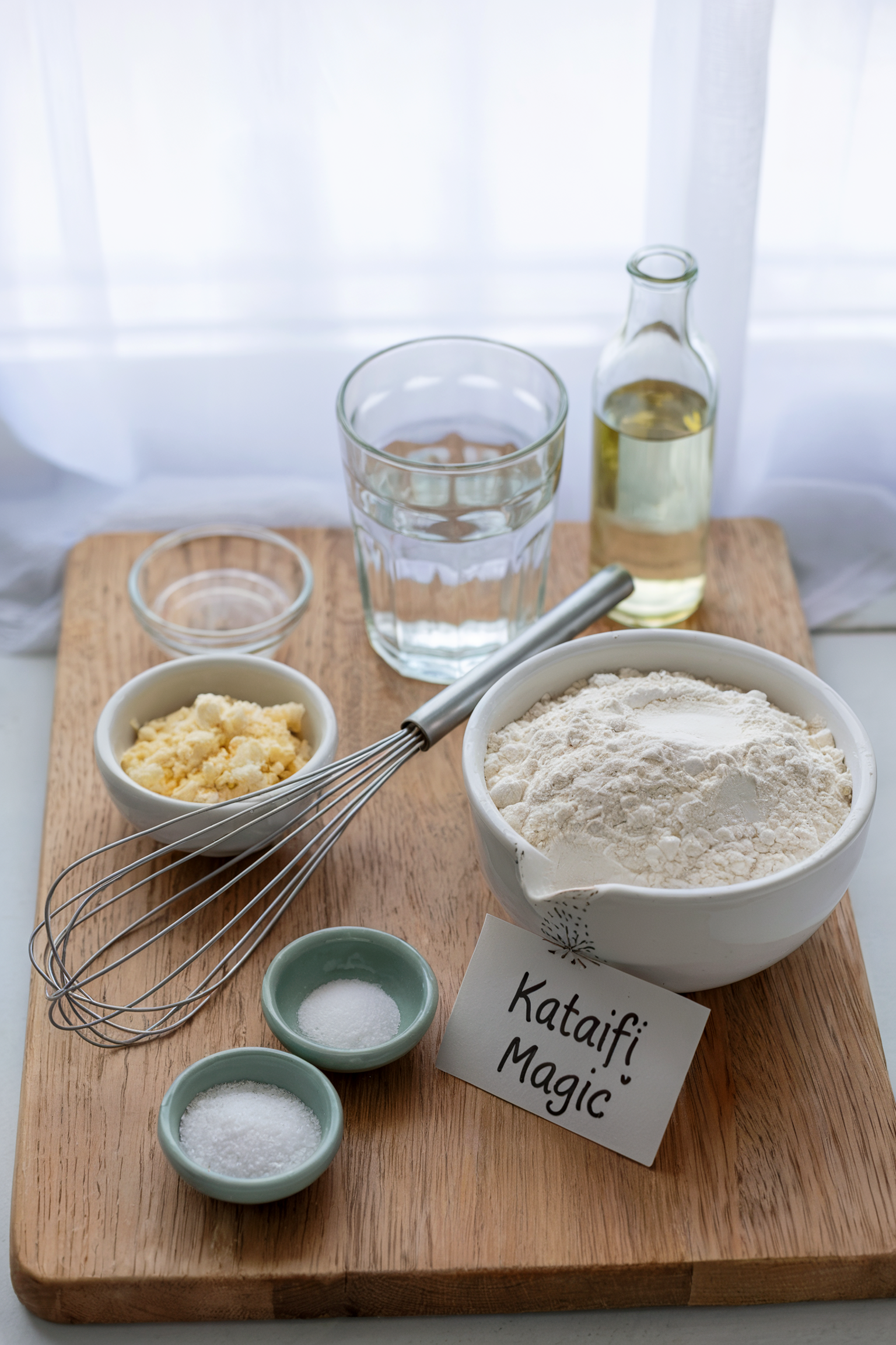 ingredients_kataifi_dough The ingredients for homemade kataifi dough—flour, cornstarch, salt, sugar, water, and oil—are measured into bowls and glasses and arranged on a wooden board with a wire whisk.