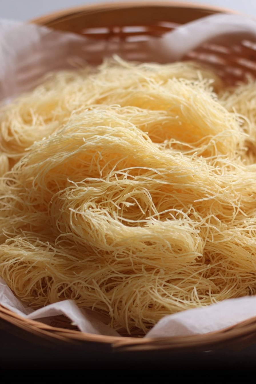 kataifi dough A close-up of fresh, uncooked homemade kataifi dough, showing its distinctive thin strands resting in a parchment-lined basket.