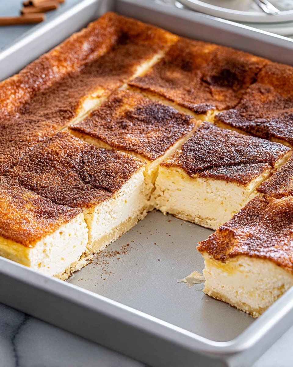 mexican-cheesecake-recipe Mexican cheesecake, also known as sopapilla cheesecake, baked in a metal pan and cut into nine squares, revealing a creamy filling and golden-brown cinnamon topping