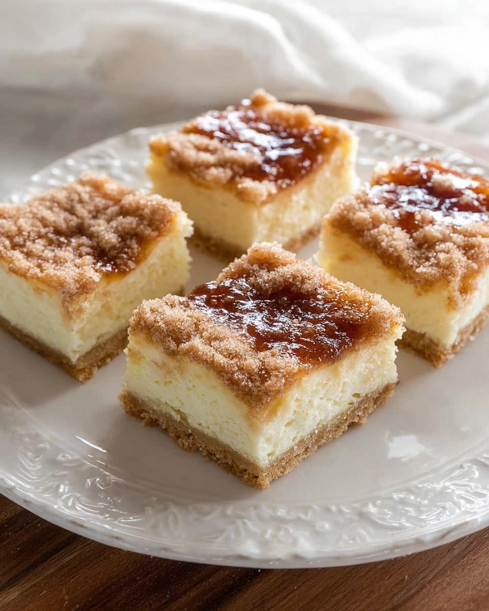 This Insanely Delicious Mexican Cheesecake Recipe is Shockingly Simple Four golden-brown Mexican cheesecake bars arranged on a white decorative plate, with a visible flaky crust, creamy filling, and cinnamon-sugar topping