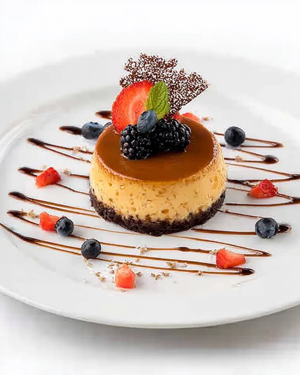 mini-chocoflan A beautifully presented mini chocoflan on a white plate, featuring a glossy caramel top, creamy flan center, and dark chocolate cake base, garnished with fresh blackberries, blueberries, a strawberry slice, mint, a decorative chocolate piece, and chocolate drizzle.
