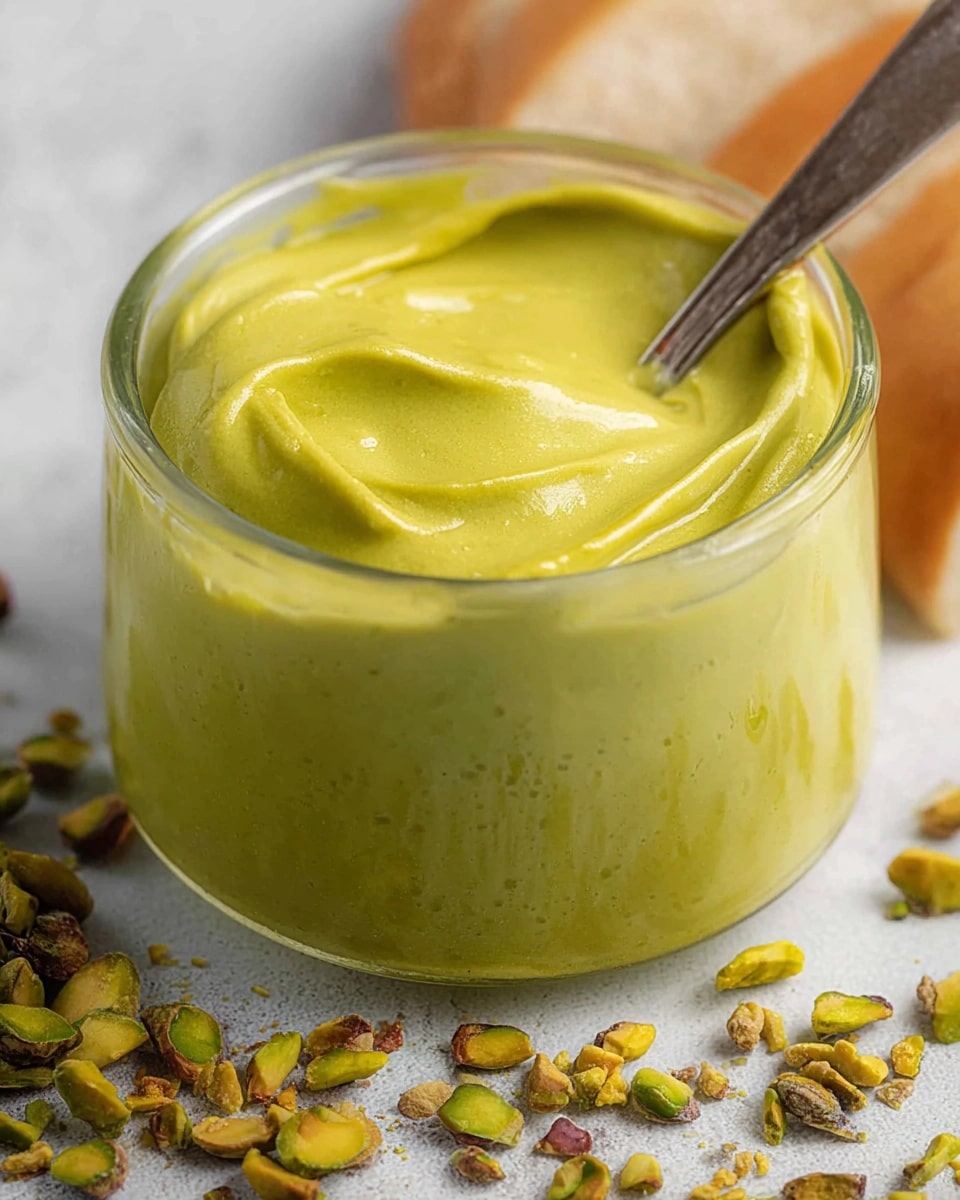 pistachio-cream A close-up shot of a small glass jar filled with creamy, vibrant green pistachio cream. A small spoon is dipped into the cream, and shelled pistachios are scattered around the base of the jar on a light-colored surface.