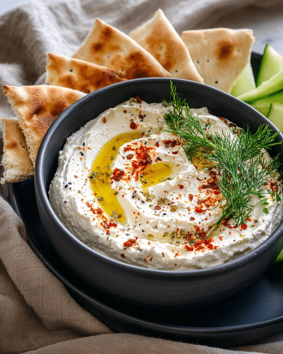 The Irresistibly Creamy Whipped Feta Dip You Absolutely Need to Make Now Creamy homemade whipped feta dip in a white bowl, garnished with olive oil and herbs, served with pita bread